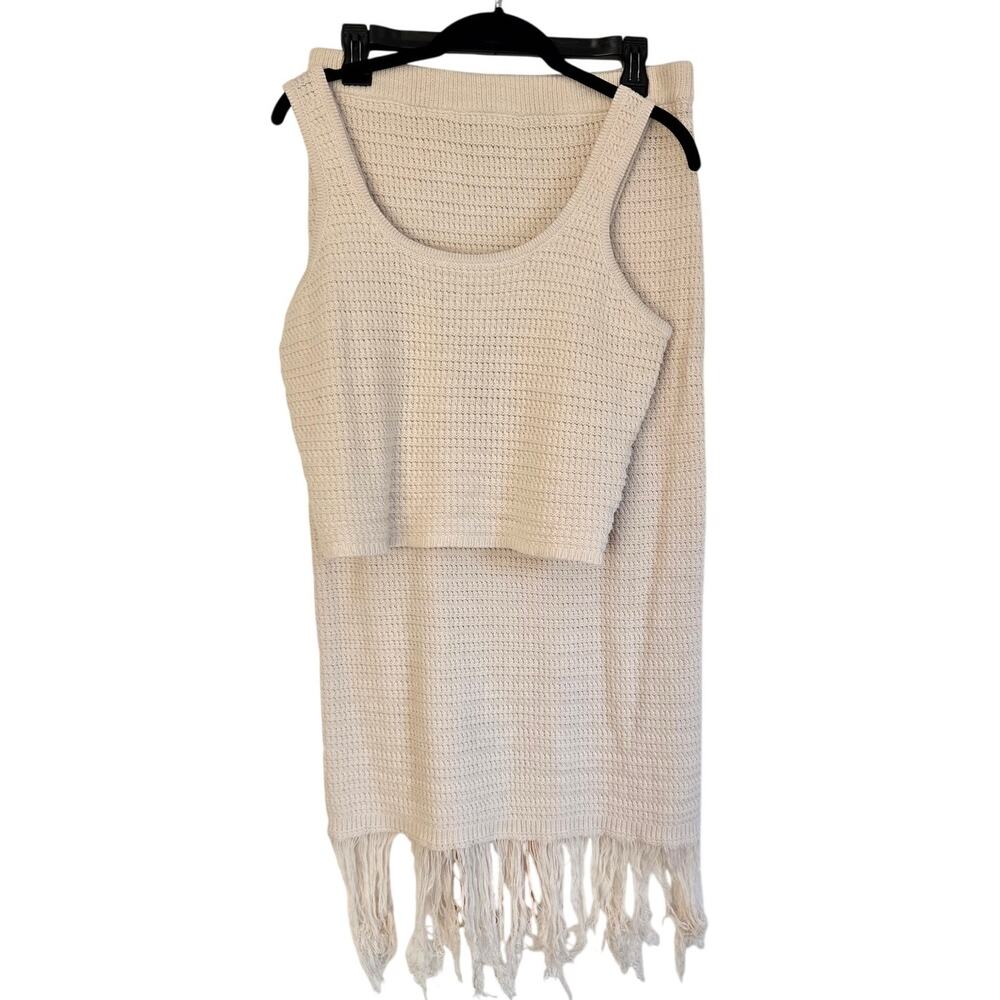 Bohocore Chic Crochet Knit Y2K Crop Top & Fringe Midi Skirt Two‑Piece Set XL